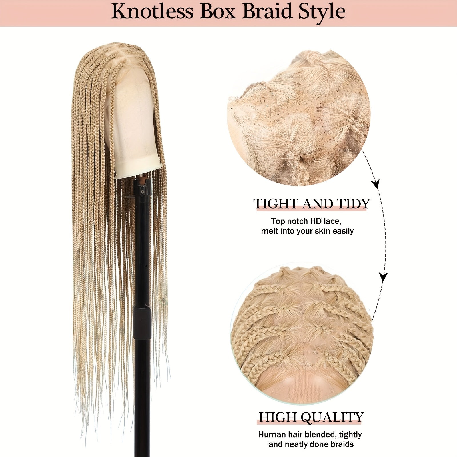 360°HD Full Lace Square Knotless Braided Wigs For Women 36 Inch Box Braid Wig With Baby Hair Blended Braided Lace Front Wig Honey Blonde With Light Blonde Ends Hand Braid Wigs